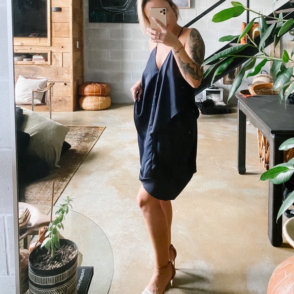 Navy satin dress with layered front and draped open back - Picture 2 of 5